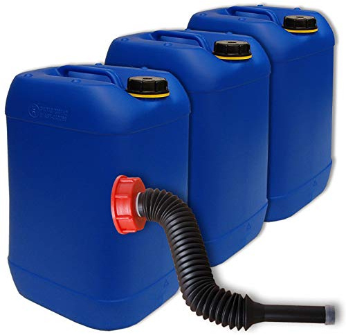 Wilai GmbH Lote de 3 bidones de Polietileno/Jerrycan 25 L Azul HDPE DIN61 Calidad alimentaria + 1 Pico vertedor Flexible Largo (22248x3+22037)