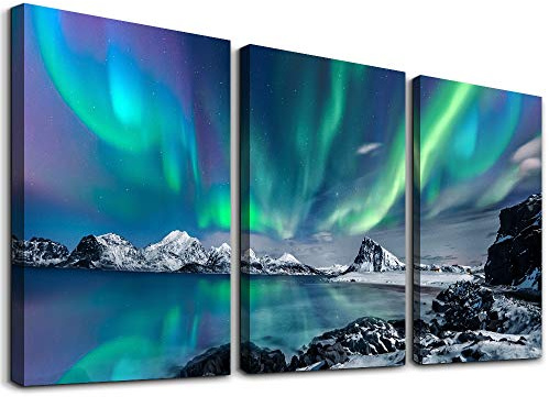 MHARTK66 Wall Art for Bedroom Wall Decor for Living Room Office Decor Abstract Mountain Aurora Landscape Painting 3 Piece Scenic Framed Canvas Art Prints Ready to Hang Kitchen Wall Pictures Home Decor