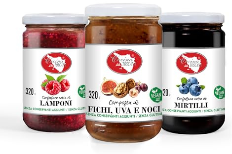 CUCINA TOSCANA - Tris: Confettura di Lamponi | Composta di Fichi, Uva e Noci | confettura di Mirtilli 3x320g