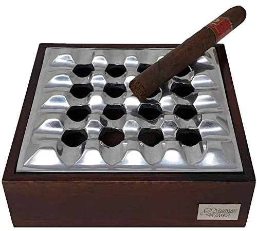 Prestige Import Group Rockford Smokin Ash Square Grid Tabletop Ashtray - Polished Cast Aluminum Tray with Mango Wood Base