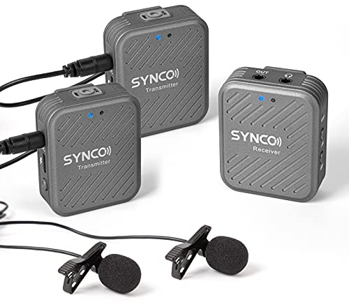 SYNCO Lavalier Funkmikrofon G1(A2), 2,4GHz Kabellos Ansteckmikrofon System, Wireless Microphone Mics bis zu 50m, Audioüberwachung 2 Transmitter 1 Empfänger für Kamera Smartphone Laptop DSLR Camcorder