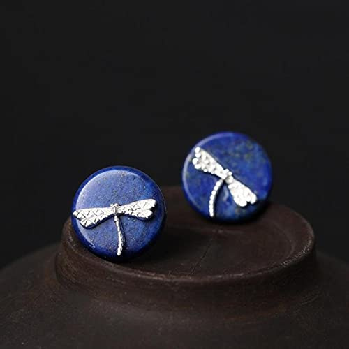 LOKILOKI 925 Sterling Silber Runde Lapislazuli Libelle Ohrstecker Für Frauen Ethnischen Stil Dame Sterling-Silber-schmuck