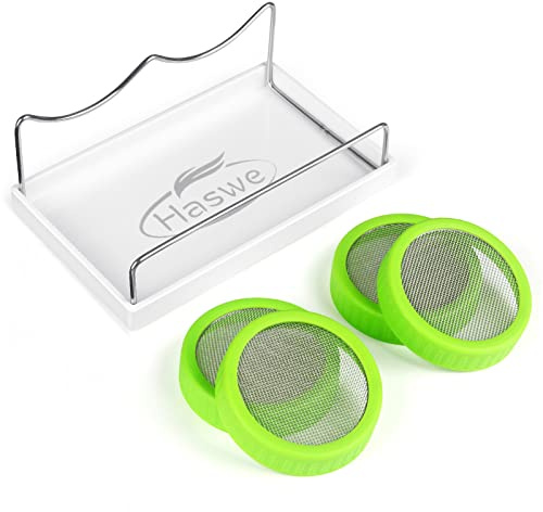 Sprouting Jar Kit (JARS NOT INCLUDED) - 4 Premium Plastic Sprout Lids with 316 Stainless Steel Screen for Wide Mouth Mason Jars, Tray, Sprouter Stand - Growing Broccoli Seeds, Alfalfa and more