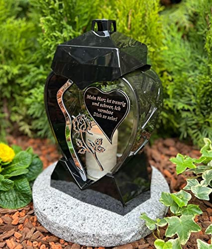 Grablampe Laterne Herz Form mit Spruch ..Mein Herz ist traurig und schwer, ich vermisse Dich so sehr!..., 28 cm H. NEU - Grablampe Kerze Grabkerze Grabdekoration, Grablampe ohne Sockel und Deko