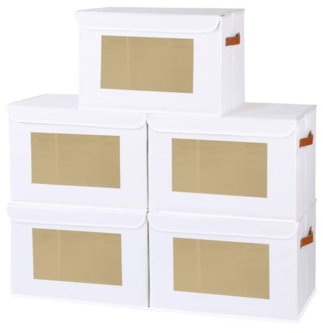 YheenLf 5 pezzi Scatole Portaoggetti Pieghevoli, Bianco, 33×23×20cm | Contenitori per Armadio Salvaspazio,Scatola con Coperchio, Organizzatore Cassetti,Organizer Armadios con Finestra
