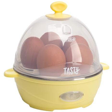 Tasty Mini Rapid Egg Cooker, 5-Egg Capacity for Perfect Hard Boiled Eggs or Omelets, Auto Shut Off, Yellow