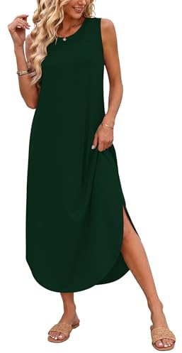 AUSELILY Ärmellose Sommer Maxikleider Damen Strandkleider Tank T-Shirt Kleid mit Taschen Dunkelgrün L