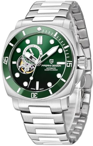Pagani Design 1736 Automatik Tourbillon Mechanische Uhr Japan NH39 Saphirglas Lederband 200 Meter Taucheruhr Sport Herrenuhren(Stahl-grün)