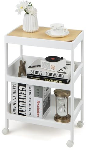 GIANTEX Rollwagen mit 3 Ebenen, Nichenregal auf Rollen, Küchenwagen Servierwagen mit abnehmbarem Tablett, Küchenregal Allzweckwagen Aufbewahrungswagen für Küche Badezimmer 40x25,5x61 cm