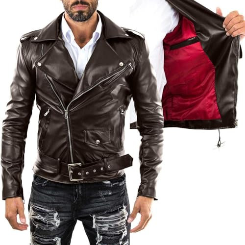 Chiodo Biker In Vera Pelle Nero Uomo Slim Interno Rosso Rindway, S, Fodera (Primavera-Estate), Marrone Scuro