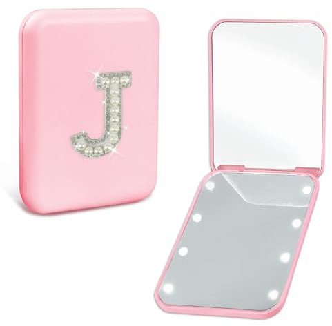 Aganmi Specchio compatto da viaggio personalizzato per borse, con lettera iniziale perlata con ingrandimento 1X/2X, piccolo specchio per il trucco, specchio portatile da tasca rosa, regalo per sorella