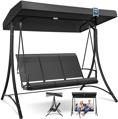 KESSER® Dondolo Hollywood con tettuccio Parasole, 3 posti, Portata Fino a 300 kg, Sdraio da Giardino con Piedini Antiscivolo, Panca a Dondolo, Impermeabile, per Esterni e Interni, Telaio in Acciaio
