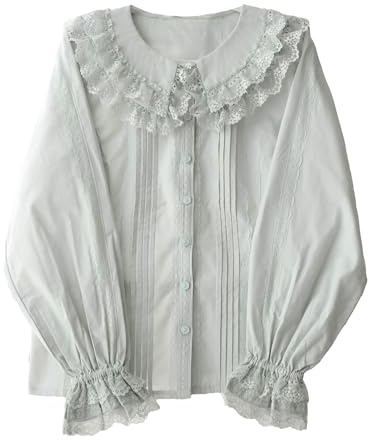 Lolita Chemisiers à manches longues pour femme Col Claudine Chemise victorienne vintage élégante dentelle habillée hauts à volants tendance printemps, bleu, Taille L