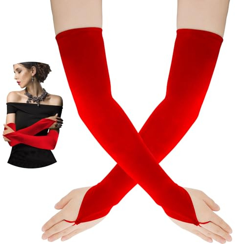 Leislam Guantes Sin Dedos Para Mujer, Satin Gloves Vintage, Largos De Fiesta, Noche, Halloween, Sun Protection Arm Sleeves, Rojo 1 Par