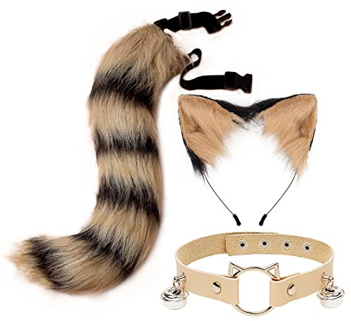 ZGPjubilant Haarreif mit Plüsch-Katzenohren, Fuchsschwanz-Zubehör, Cosplay-Kostüm, Tierohren-Set, Halsband, Haarspange (weißes Kamel) (gelb)