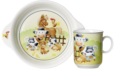 Ritzenhoff & Breker Ensemble de vaisselle pour enfant - Animaux de la ferme - 2 pièces - Bol avec poignées (500 ml) et gobelet pour enfants (270 ml) - Animaux de la ferme - Porcelaine - Multicolore