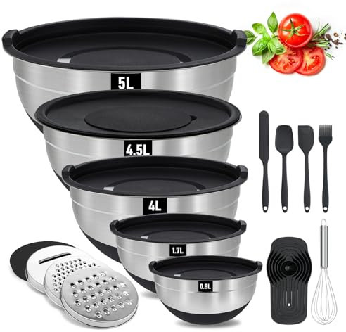 Bestdin Stainless Steel Mixing Bowls - 5 Pieces Mixing Bowl with Airtight Lids & 3 Grates, Nesting Design & Non-Slip Bottoms, Mixing Bowls for Baking/Serving/Prepping(4.5, 4, 3.5, 1.5, 0.7QT)