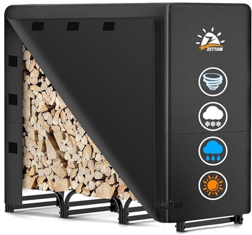 Zettum Metall Kaminholzregal Außen 121 x 35 x 121 CM, Brennholzregal mit Abdeckung 600D PU-Beschichtung, Wasserdicht holzlager für Brennholz, Kamin holzunterstand für Garten Terrasse