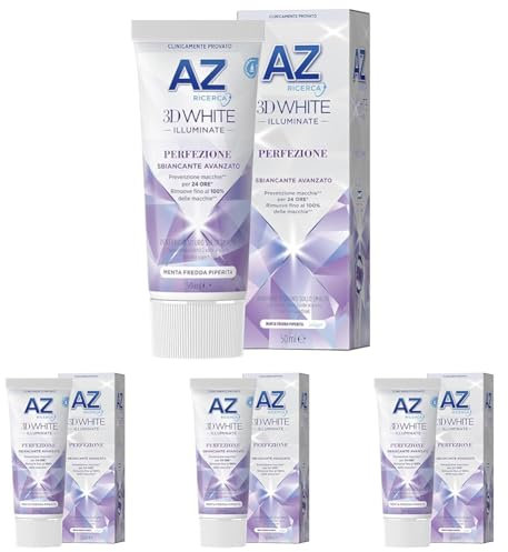 AZ Ricerca DENTIFRICIO 3D White Illuminate Perfezione, SBIANCANTE AVANZATO, RIMUOVE Fino al 100% delle MACCHIE Superficiali, Confezione SINGOLA da 50ml, Gusto MENTA FREDDA PIPERITA (Confezione da 4)