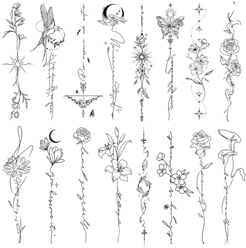 CHARLENT Temporary Tattoos for Women Girls - 45 Pcs Line Flower Words Sketch Realistic Long Last Fake Tattoos Waterproof Minimal Line Art Tattoos for Arm Backbone Leg Body