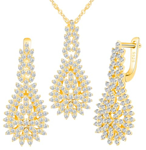 Yumilok Brillantes gotas de hojas de plata esterlina 925 colgantes de pendientes de zircon pendientes de mujer collar de joyas juego de plata esterlina 925