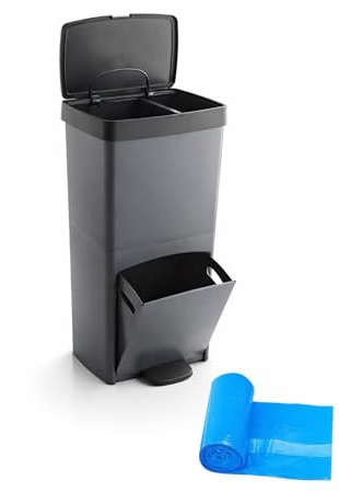 Jardin202 - Cubo de Basura para Reciclaje Triple 70L | 3 Compartimentos con Pedal y Tapa Hermetica | Vertical y Ergonómico | Duradero | 70 litros + Bolsas 30L (Gris)