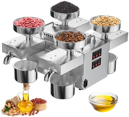 SNBGRYE Presse à Huile Automatique Commerciale 2400w, Presse à Huile éLectrique à 4 TêTes, Vitesse De Pressage 12-25kg/H, Pressage à Froid/Chaud, Chauffage à TempéRature Constante De 210°