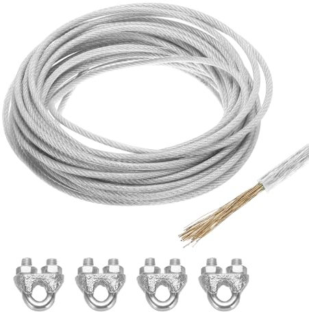 QUARKZMAN Cable de Acero Galvanizado Recubierto de Vinilo Transparente de 5 Mm (3/16 Pulgadas), Cable de Alambre de Acero Galvanizado de 15M / 49 Pies con 4 Bucles M6