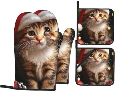 Ofenhandschuhe und Topflappen, niedliche Weihnachts-Katzen-Ofenhandschuhe mit Topflappen, rutschfeste Handschuhe, hohe Hitzebeständigkeit, 500 Grad für Grill, Grill, Backen, Kochen, Ofen, Mikrowelle
