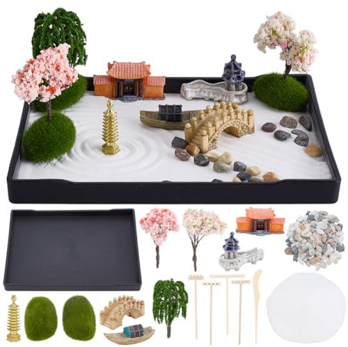 WEBEEDY Zen Garden Kit for Desk,Mini Japanese Desktop Sandbox Include Rakes,Artificial Tree,Pagoda,Bridge for Office Home Desktop Relaxation Decor,21x15.7cm Rectangular Tray