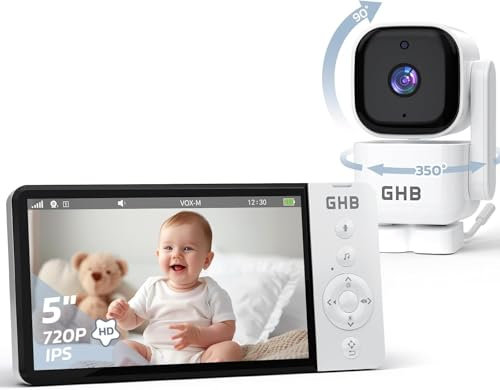 GHB Baby Monitor with Camera and Night Vision, 5'' HD Video Monitor, 720P, Remote Pan and Tilt, VOX Mode, 2-Way Talk, Temperature Display, Lullaby