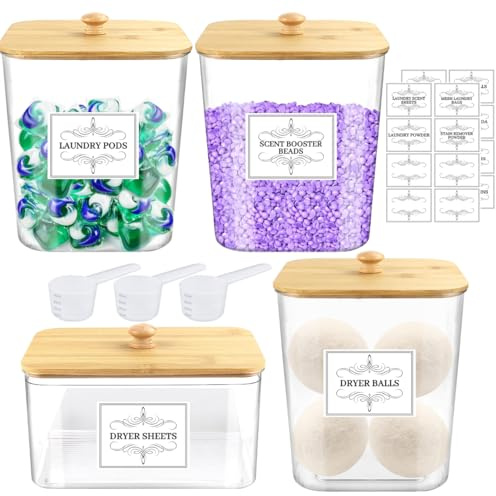 Dobur 4PCS Laundry Pods Container, Clear Laundry Room Organization and Storage with Bamboo Lids, 3 Premium Scoops & Labels – Ideal for Scent Booster Beads, Dryer Balls, Sheets & Powder