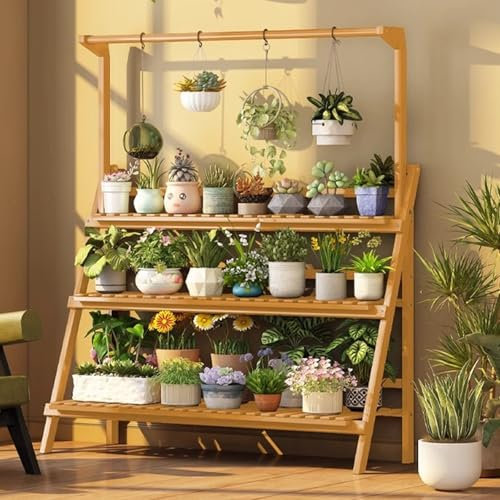 Hanging Plant Stand - 3 Tier Bamboo Planter Shelves, Outdoor Indoor Organizer Rack for Home Lawn Display