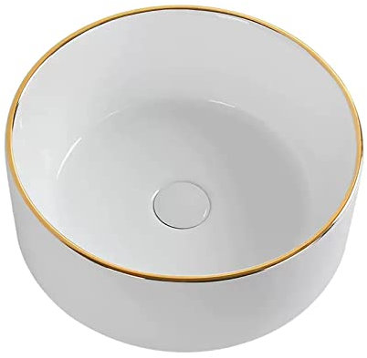 Lavabo sobremueble Elegante lavabo de baño blanco, redondo sobre encimera, fregadero de cerámica de porcelana, lavabo for baño de hotel, mueble de tocador con desagüe emergente y decoración de borde d