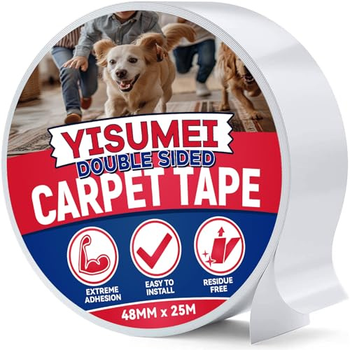 YISUMEI 48mm x 25m Double Sided Carpet Tape Heavy Duty Extra Strong - Non Slip Rug Tape Secures Rugs & Mats,Grid Gripper Tape Removable，Ideal for Home & Professional Use