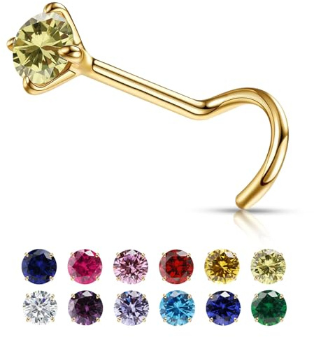 VDKIDKT Kleiner goldener Nasenstecker mit Geburtsstein für Frauen 20G, 3mm-Rundstein CZ Nasenringe und Nasenstecker, winziger goldener Nasenpiercing-Schmuck
