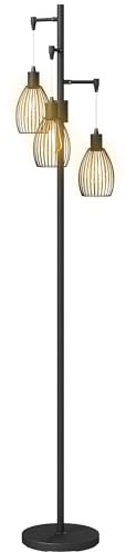 HOMCOM 3-Light LED Floor Lamp, 170cm Industrial Dimmable Standing Lamp with Steel Wire Cage Lampshades, 2700K for Living Room, Bedroom, Dining Room, Study, Black