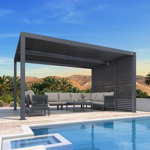 PURPLE LEAF Pergola Bioclimatique 4,24 x 3 m Pergola Aluminium avec Persienne Fixes sur Un Côté, Tonnelle de Jardin Exterieur Lames Orientables pour Patio Terrasse Exterieur, 1 Côté Court, Gris