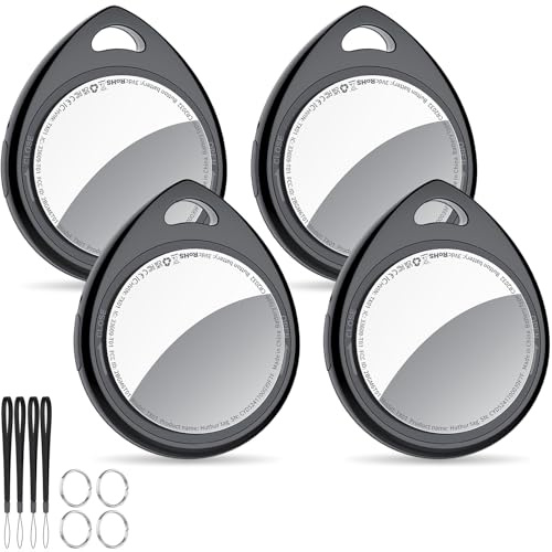 QCOQ® Air Tags 4er Pack Schwarz, Schlüsselfinder & Air Tracker Tagg Kompatibel mit Apple Wo ist? App (Nur iOS), Smart Key Finder mit Schlüsselband, Koffer-Tracker für Taschen/Keys, Austauschbarer Akku