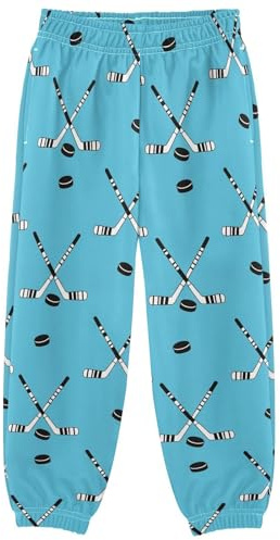FFYHO Boys' Jogger Pants with Cuffed Ankles, Hockey Sticks and Pucks Print Kid's Thick Sweatpants, Easy Care Wrinkle-Resistant for Play Sports School Casual Wear (Ages 5-6)