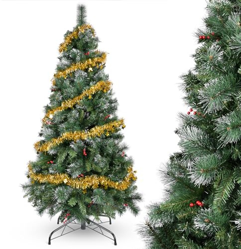 YEAUPE PRO Sapin de Noël Artificiel 160cm avec Baies Rouges et Effet Neige, Décoré, PVC, Montage 3 Parties, Pied en Métal