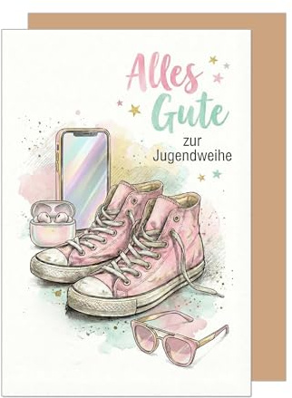 Edition Seidel Premium Glückwunschkarte zur Jugendweihe mit Umschlag. Jugendweihekarte Karte Grußkarte Spruch Sprüche Mädchen Jugendliche Turnschuhe Sonnenbrille cool pink modern (JW145 SW026)