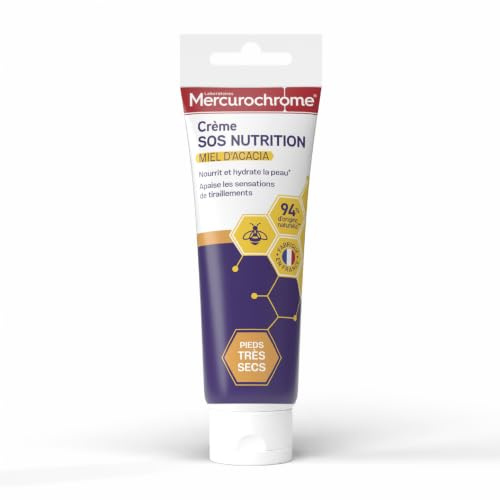 MERCUROCHROME Crème Pieds Très Secs - Miel d’Acacia - Nourrit - 80 ml | Marque N°1 des Premiers Soins, Apaise Sensations Tiraillements, 94% d'Ingrédients d'Origine Naturelle, Fabriquée en France