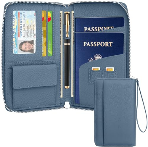 NEWIROVE Reisepass Organizer, Reisepass Tasche Familie Reiseorganizer Mit RFID-Blocker Reisepasshülle Leder Passport Wallet Holder Für Flugtickets, Kreditkarten, Reisedokumente, Blau