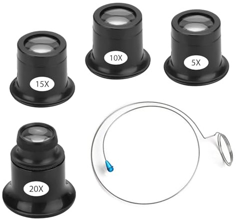 WestCH 4 Pezzi Monocolo Orologiaio, 5X 10X 15X 20X Lente Orologiaio, Monoculare Lente D'Ingrandimento, con Anello in Acciaio, Lenti in Vetro e Resina, per Riparazioni Occhiali Gioielli