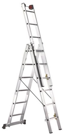 Svelt Scala Professionale a 3 Tronchi in Alluminio – 6 gradini per Tronco – Trasformabile in Appoggio e Cavalletto – Con Stabilizzatore, Guardacorpo e Rotelle di Sfilo