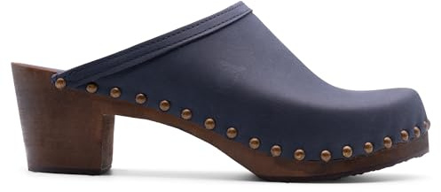 Sandgrens Handmade Swedish Wood Clogs for Women, High Heel Mule US 10 | Rome Navy DK, EU 41