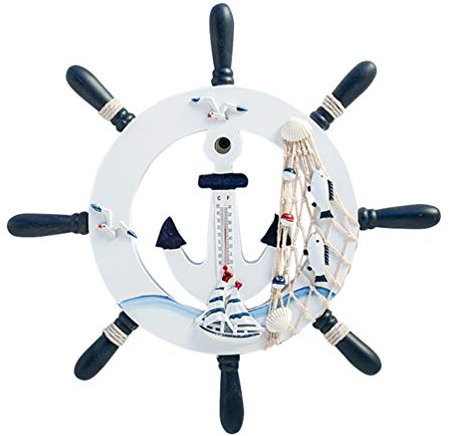 Garneck Timón de madera con ancla, red de pescado, decoración de pared, náutica, timón, decoración, estilo mediterráneo, decoración de playa, casa, fiesta, boda, artículo decorativo, 32 cm