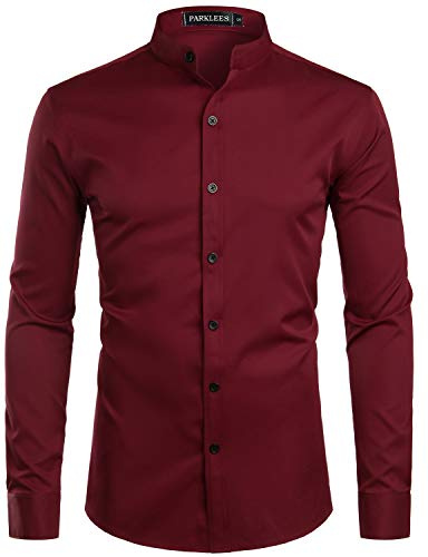 PARKLEES Camisa de hombre de una sola color, ajuste slim, fácil de planchar, manga larga, cuello mao, para negocios y ocio, Rojo vino., XL