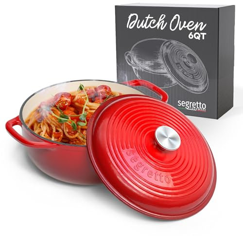 Segretto Cookware Enameled Cast Iron Dutch Oven, 6 Quarts, Red